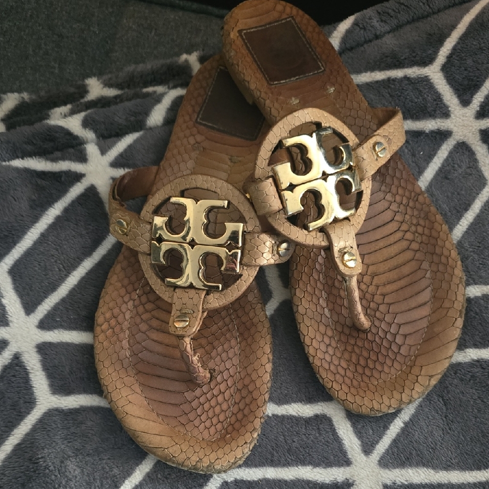 Tori Burch Tan Leather Medallion Sandals